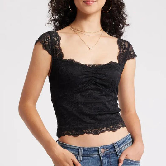 Lace Trim Short Sleeve Crop Top
