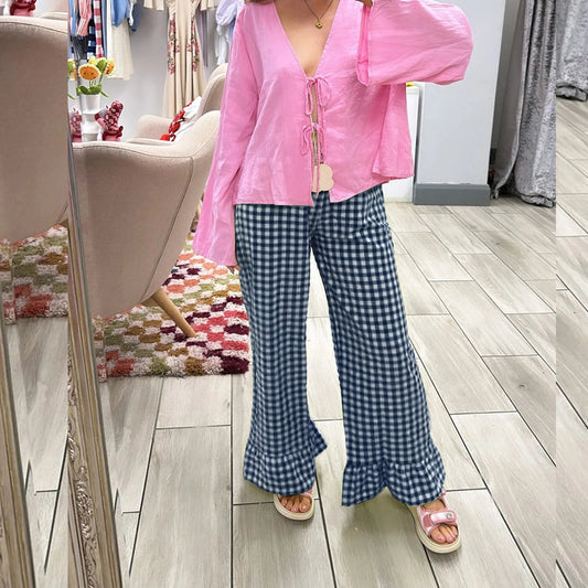 Plaid Flared Gingham Long Elastic Waist Fit Pant