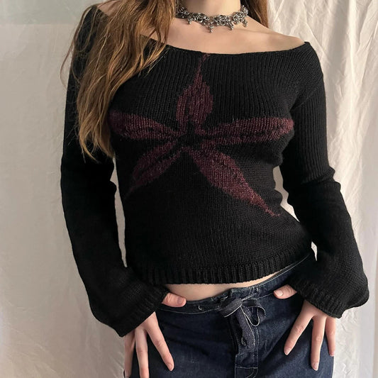 Y2K Off Shoulder Bow Graphic Pullover Knit Top