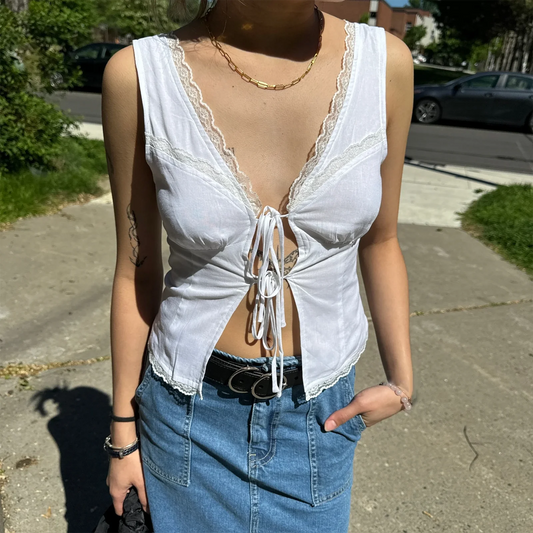 Lace Patchwork Bow Tie Crop Top
