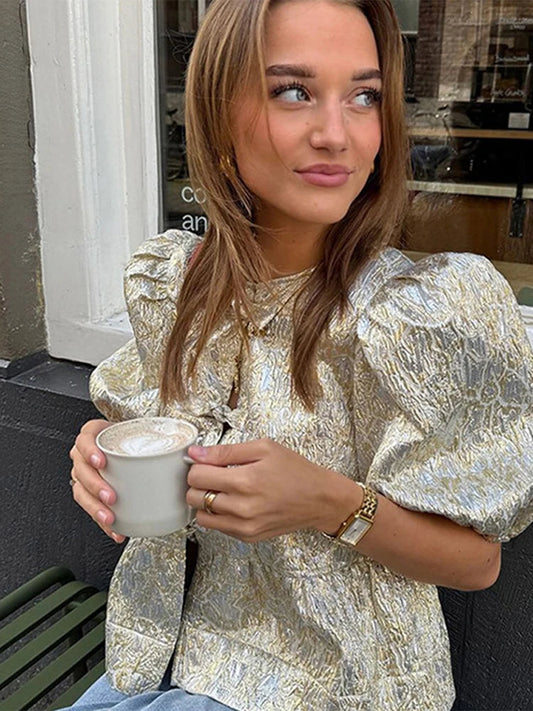 Shimmer Lace-Up Bow Puffy Sleeve Short Bloshope