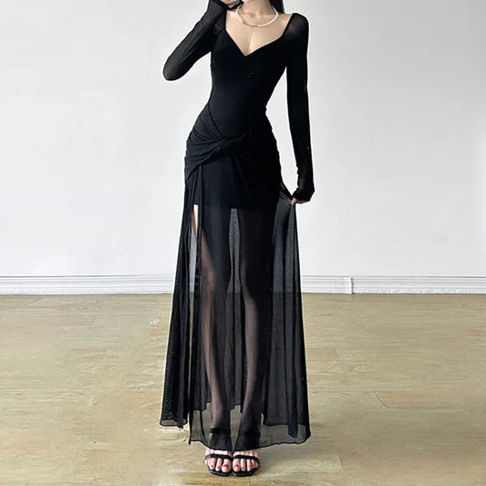 V-Neck Asymmetrical Hem Gothic Full-Length Dress