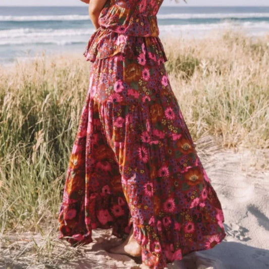 Hippie Fashion Women Beach Bohemian Red Floral A-Line Boho Skirt