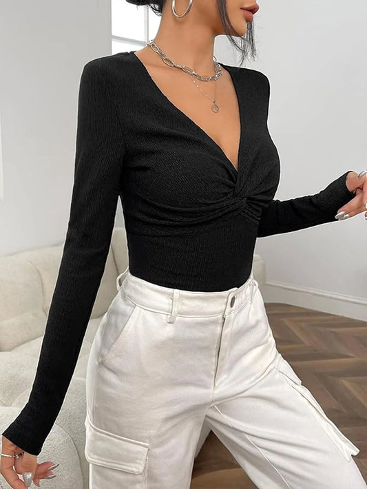 Sexy V-Neck Knitted Base Shirt Figure Slim Fit Top Women