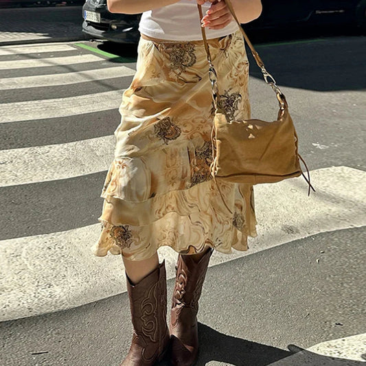 Floral Print Tiered A-Line Midi Skirt