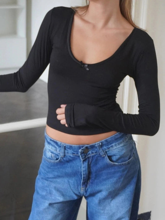 Solid Bow Basic Slim O-Neck Long Sleeve Knit Top