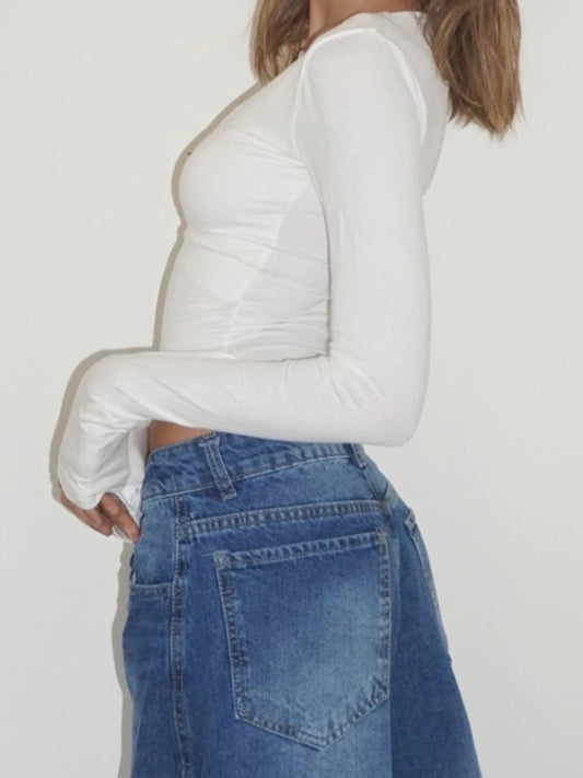 Solid Bow Basic Slim O-Neck Long Sleeve Knit Top