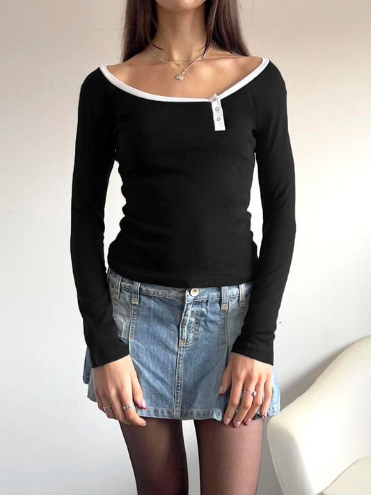 Patchwork Contrast Color Slim O-Neck Long Sleeve Knit Top