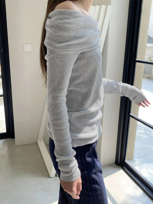 Slim Off-Shoulder Solid Slash Neck Long Sleeve Knit Top