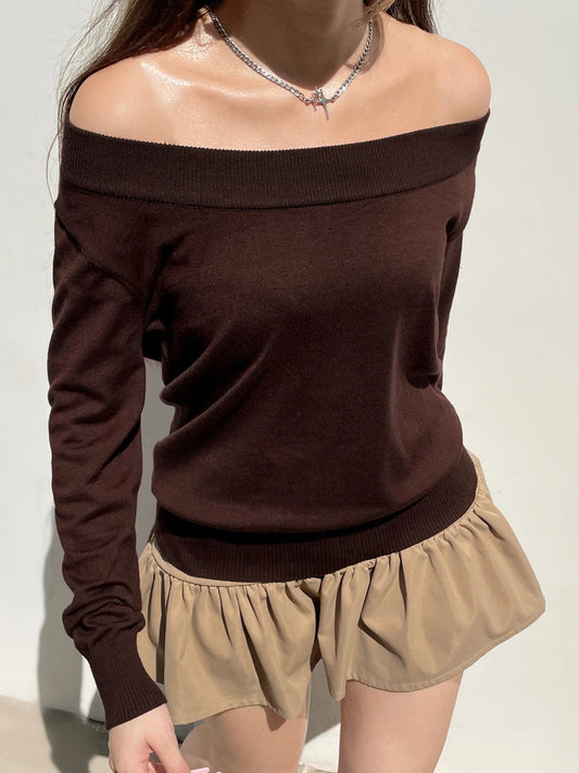 Solid Knitted Slash Neck Long Sleeve Pullover Sweater
