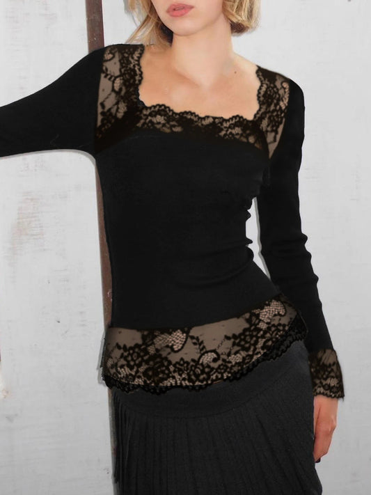 Solid Lace Trim Slim Square Collar Long Sleeve Knit Top