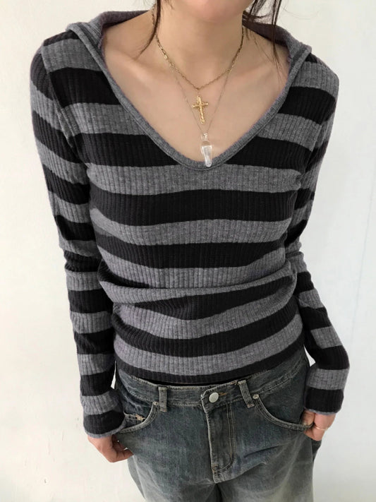 Striped Hooded Basic Slim V-Neck Long Sleeve Knitted Top