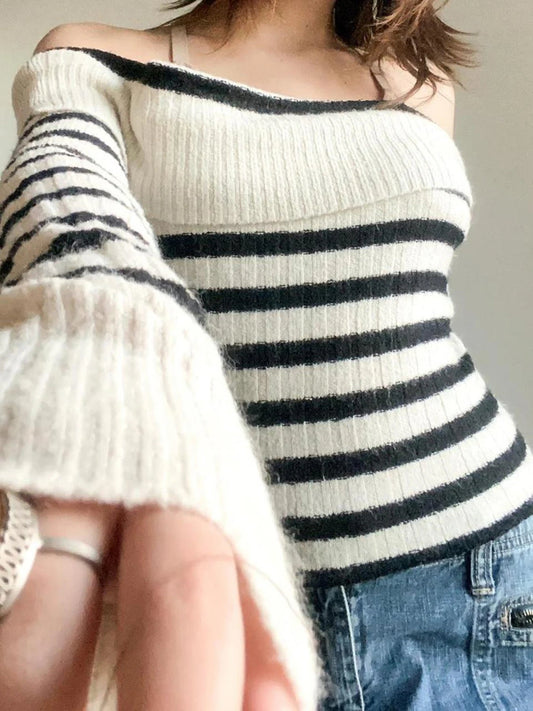 Striped Knitted Slash Neck Long Sleeve Basic Pullover Sweater