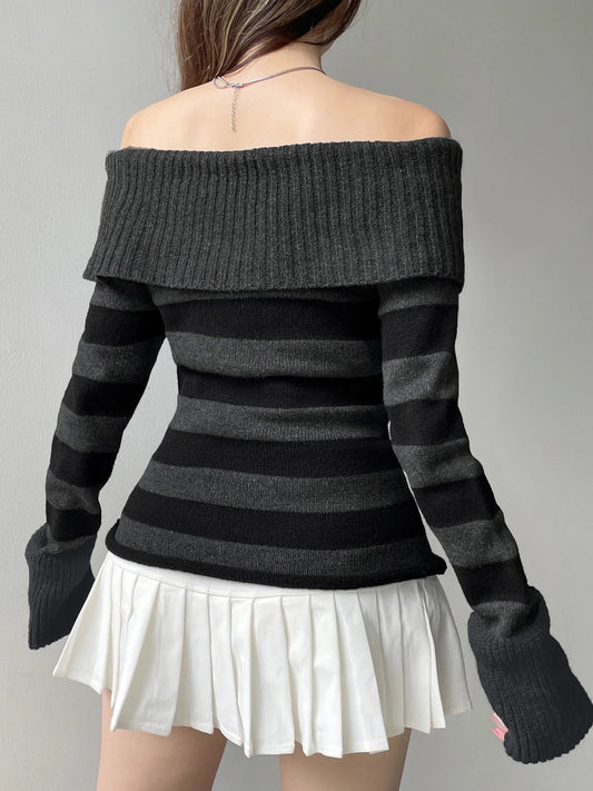 Sweet Striped Bandage Knitted Slash Neck Long Sleeve Pullover Sweater