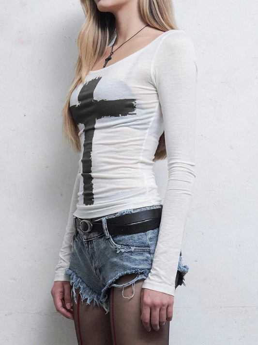 Dark Casual Printed Gothic Slim O-Neck Knit Top