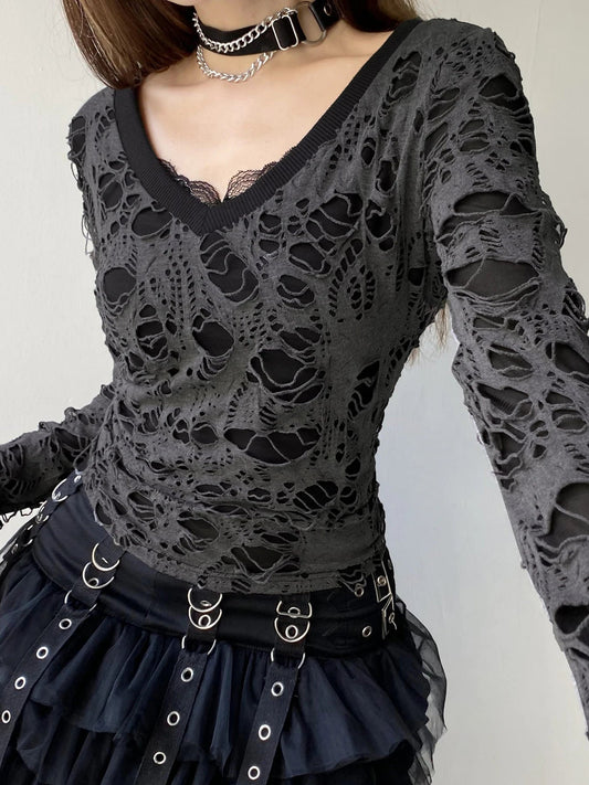 Dark Hollow Out Fake 2 Piece Gothic V-Neck Knit Top