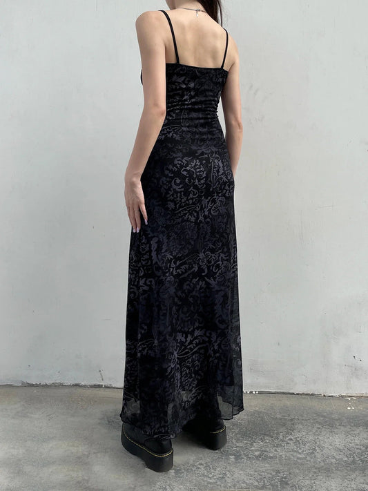 Printed Decorative Trim Mesh Full-Length Dress