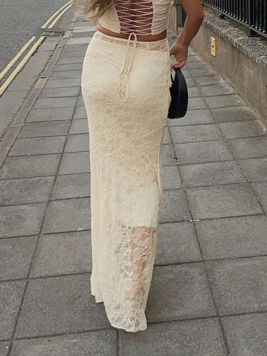 Elegant Lace Trumpet Skirt Holiday See Through Maxi Skirt