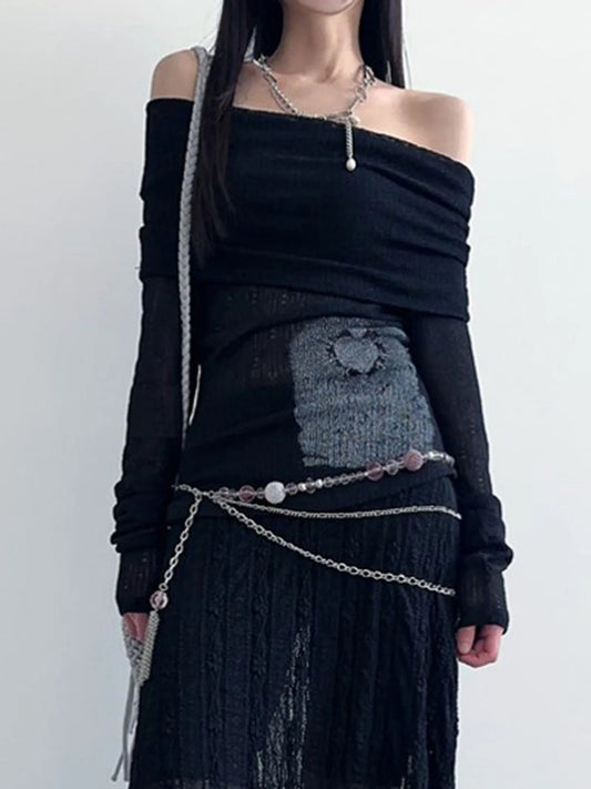 See-Through Printed Slash Neck Long Sleeve Knit Top