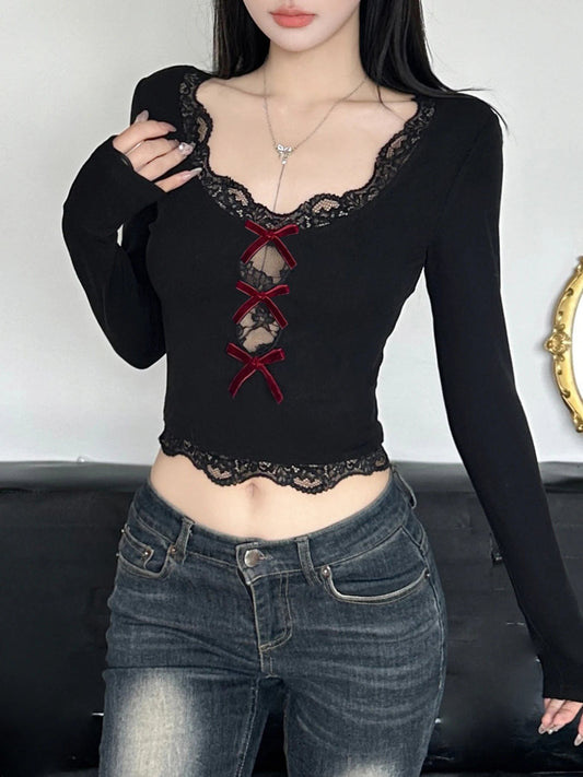 Bow Lace Trim Hollow Out Slim V-Neck Cropped Long Sleeve Knit Top