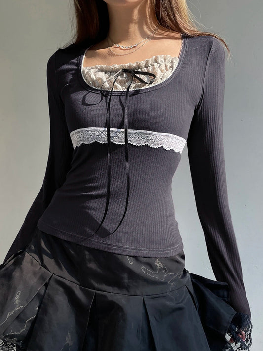 Sweet Patchwork Lace Trim Slim Bow O-Neck Knit Top