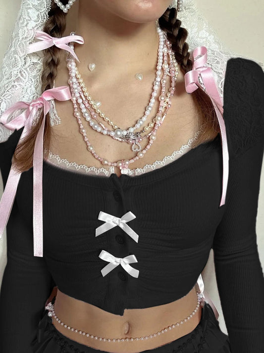 Sweet Slim Bow Lace Trim Cropped Square Collar Knit Top