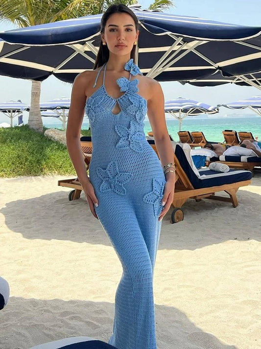 Knit Halter Blue 3D Flowers Vacation Dress