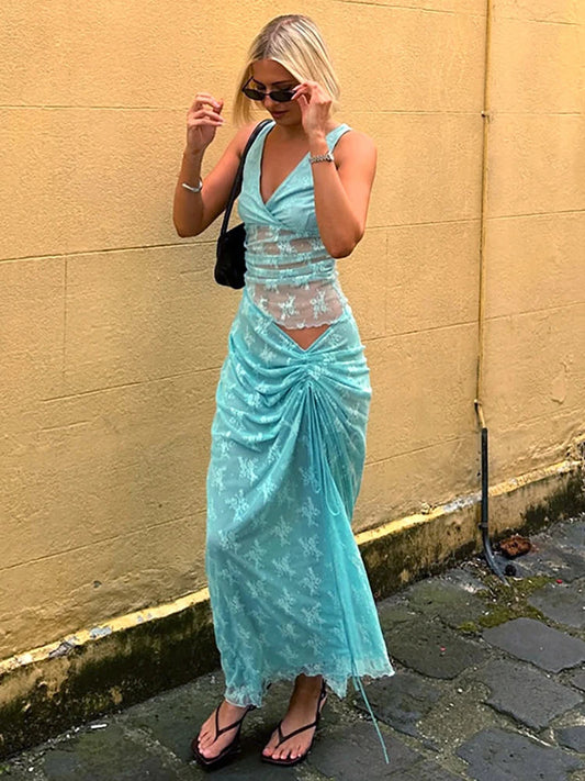 Patchwork Lace V-neck Skirt Vacation Dress