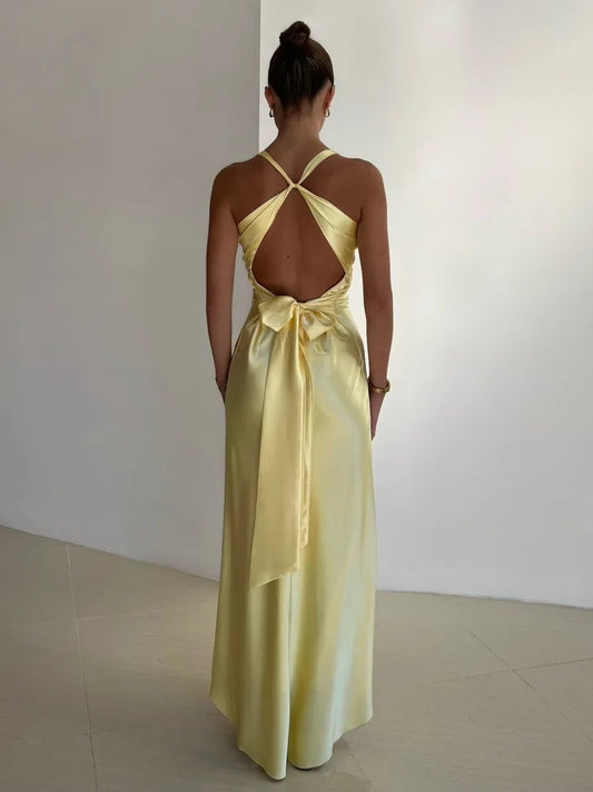 Satin Backless Ruched Vacation Dress