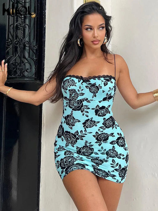 Rose Print Lace Patchwork Backless Bodycon Dress