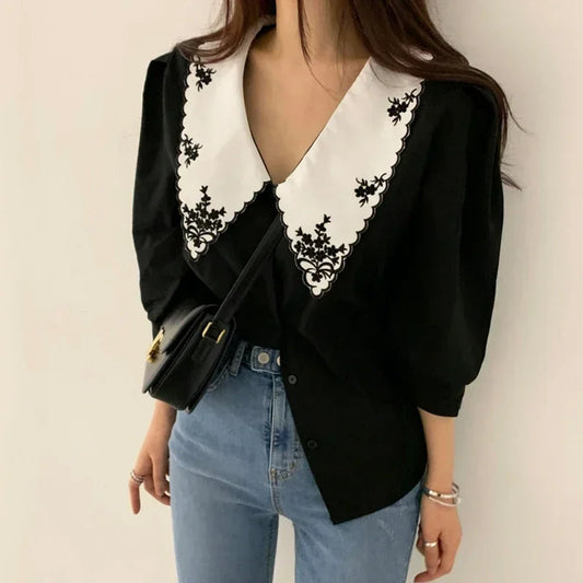 Puff Long Sleeve Floral Embroidery Bloshope