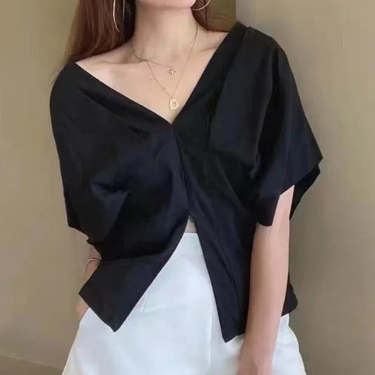 Korean Ruffle Design V-neck Short Sleeve Casual Bloshope