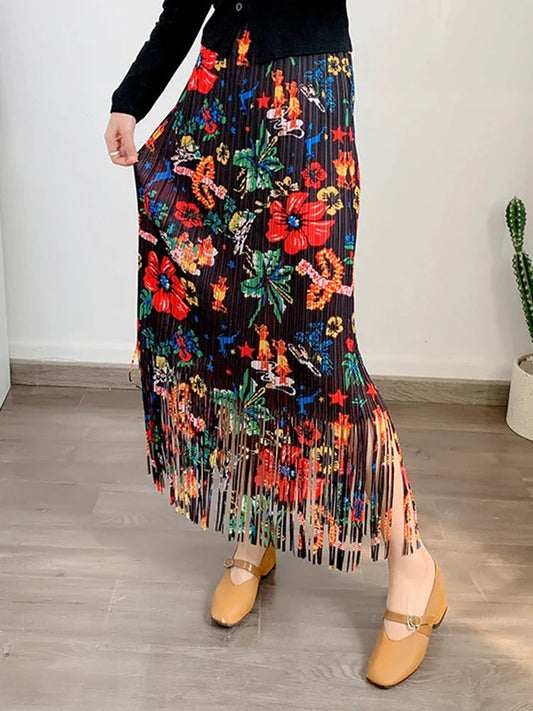 Fashion Printed Flower Tassels High Elastic Waist Skirt