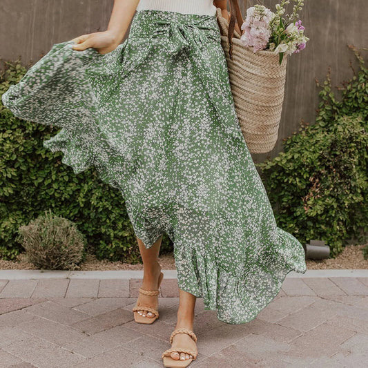 Small Floral Ruffle Korean Style High Waist Swing Long Skirt