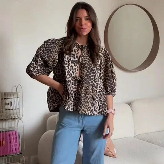 Leopard Bow Lace-Up Puff Sleeve Bloshope