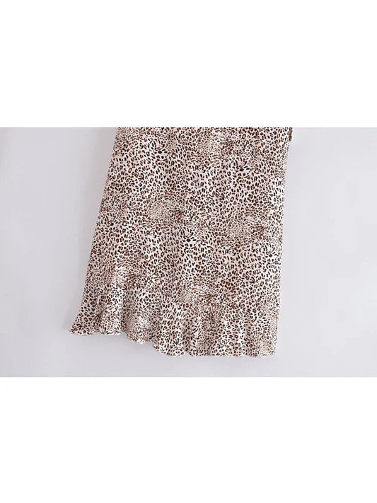 Leopard Print Beach Bohemian Skirt Ruffles Split Asymmetrical Maxi Boho Skirt