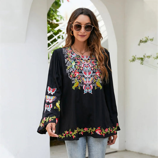 Oversize Floral Embroidery Loose Cotton Boho Bloshope