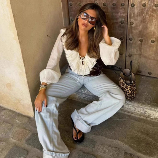 Ruffles Deep V-Neck Lace-Up Loose Oversize Boho Bloshope