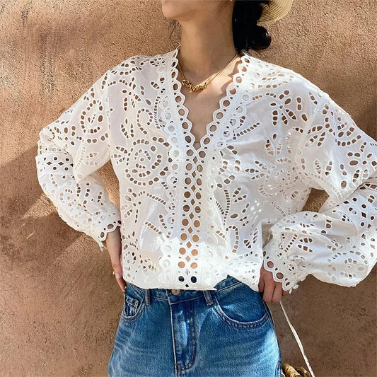 Long Sleeve V-Neck Hollow Out Floral Lace Boho Bloshope