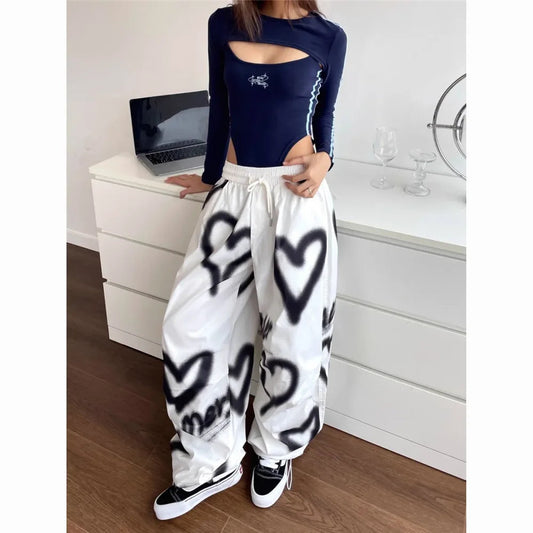 Graffiti Wide Leg Elastic Drawstring Jogging Pant