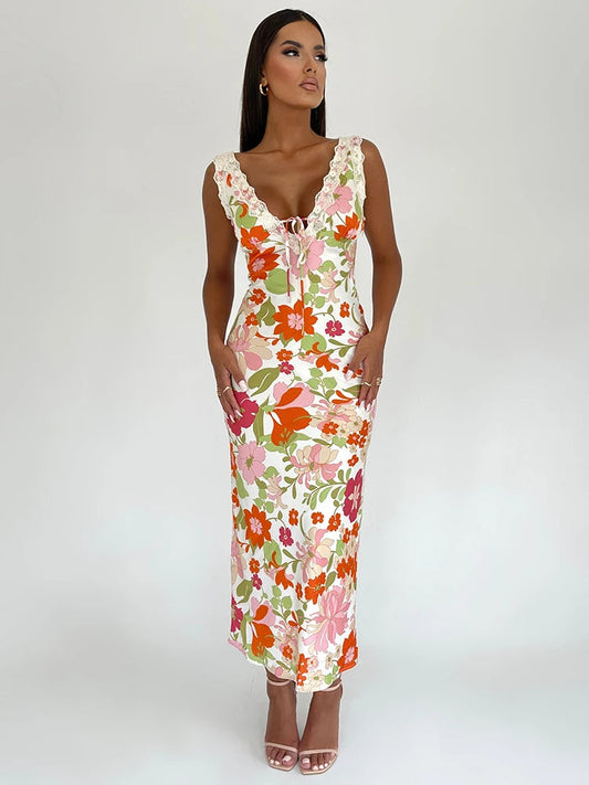Floral Print Backless V-neck Bodycon Maxi Floral Dress