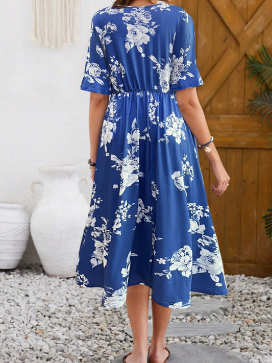 Elegant Fashionable Printed Round Neck Short Sleeve Floral Dress