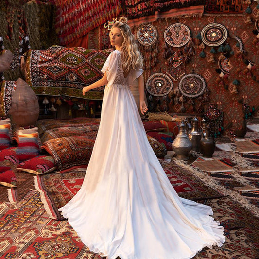 Short Sleeve Deep V-Neck Sheer Wedding Dress