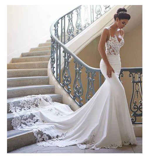 Strapless Deep V-Neck Long Train Wedding Dress