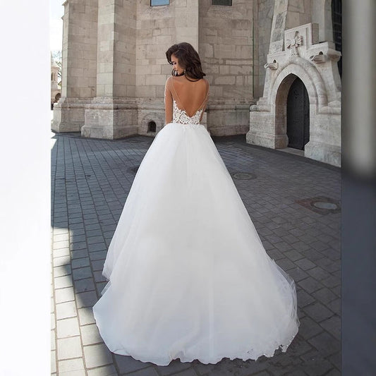 Off-Shoulder V-Neck Sheer Wedding Dress