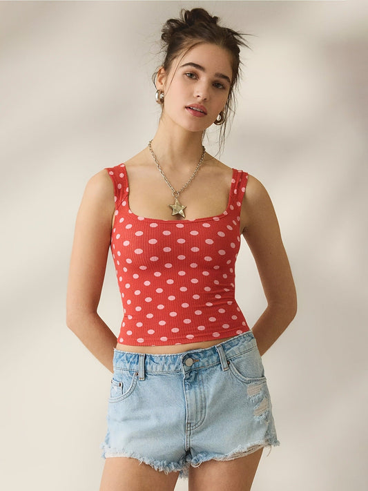 Vintage Dot Ribbed Square Neck Fitted Tank Top