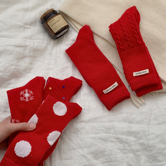 Red Polka Dot Snowflake Fluffy Slouch Socks