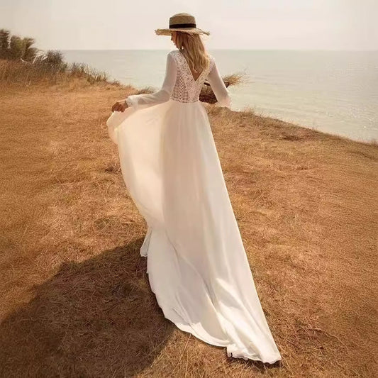 Deep V-Neck Long Sleeve Bridal Wedding Dress