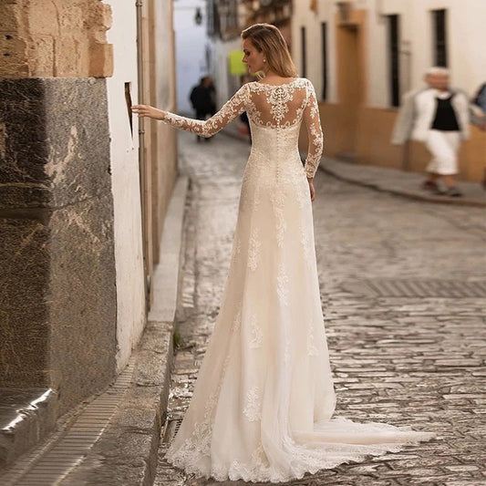 Deep V-Neck Backless Sheer Wedding Dress