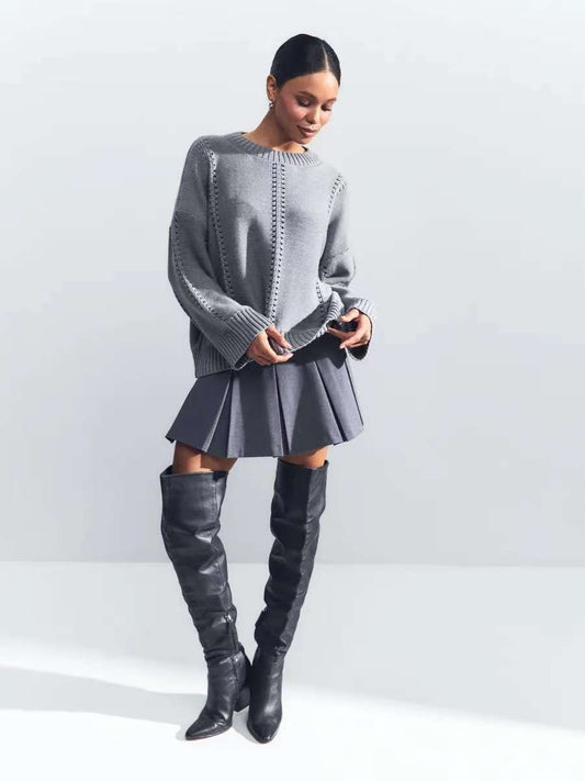 Casual Hollow Knit Crewneck Sweater